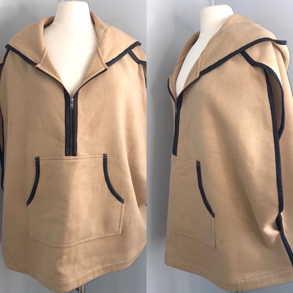 TROUVÉ Camel Wool Blend Leather Trim Hooded Poncho SZ M/L Like New!!’